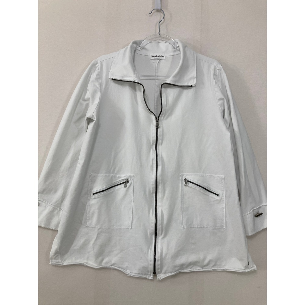 Neon Buddha Jacket Large White Cotton Knit Full Zip Lagenlook Travel Pockets